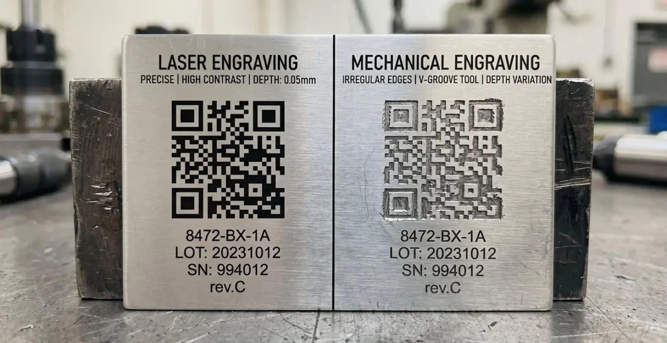 Comparaison visuelle entre une gravure laser et un marquage mécanique sur une surface d'acier inoxydable