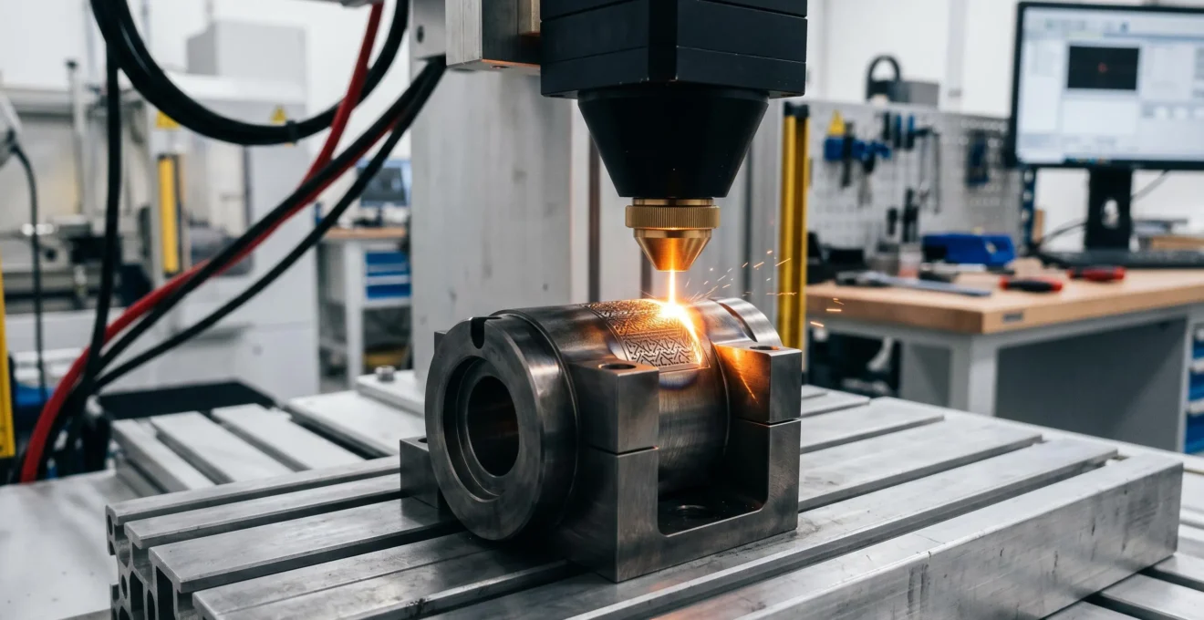 Faisceau laser focalisé sur une pièce métallique lors d'une opération de gravure industrielle