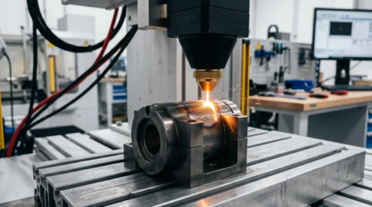 Faisceau laser focalisé sur une pièce métallique lors d'une opération de gravure industrielle