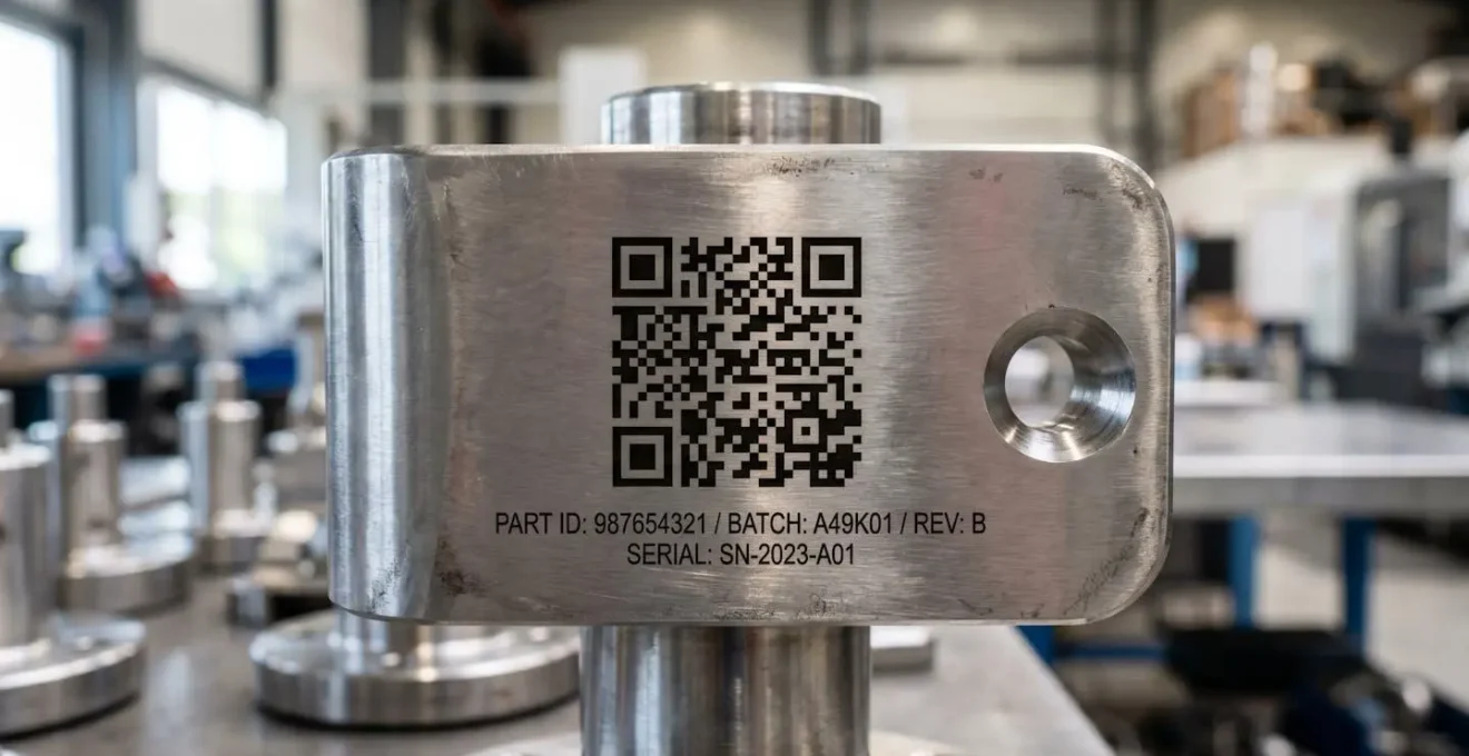 Pièce en inox portant un QR code gravé au laser pour la traçabilité industrielle